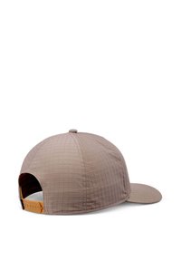 Beige baseball cap with a textured grid pattern, curved visor, adjustable strap in the back, and a solid color interior.