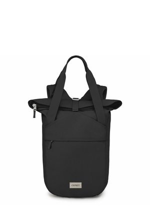 Black backpack with a roll-top design, made from durable fabric. Features adjustable shoulder straps and a front zip pocket. Osprey logo on front.