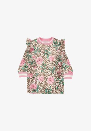 Langärmliges Kinderkleid mit Leopardenmuster, pinken Rosen, grünen Blättern, pinken Rüschenapplikationen auf der Vorderseite sowie pinkgestreiften Bündchen und Kragen.