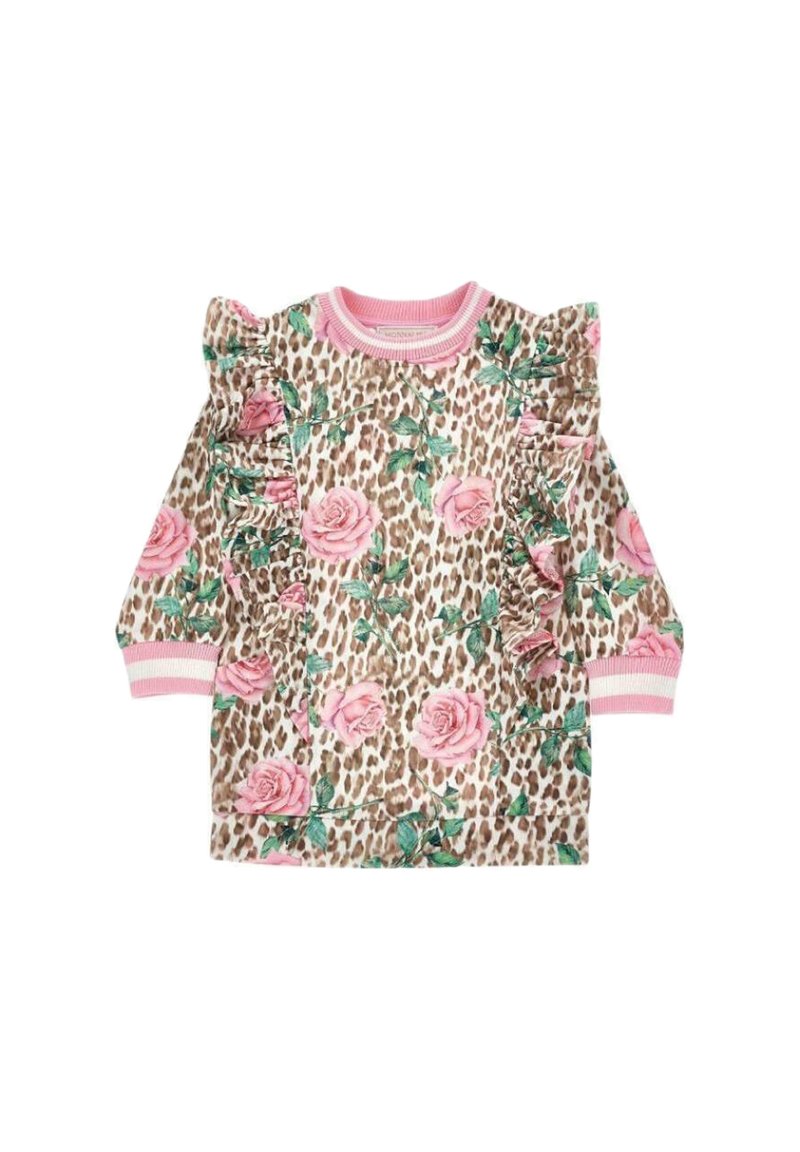 Langärmliges Kinderkleid mit Leopardenmuster, pinken Rosen, grünen Blättern, pinken Rüschenapplikationen auf der Vorderseite sowie pinkgestreiften Bündchen und Kragen.
