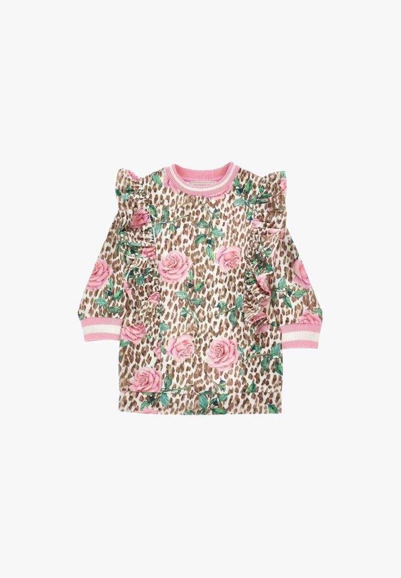 Robe pour enfants à manches longues avec imprimé léopard, roses roses, feuilles vertes, détails froncés roses à l'avant, et poignets et col rayés roses.