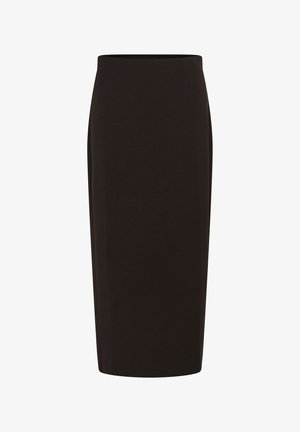 Gonna lunga fino al ginocchio, nera, a tubino e aderente, realizzata in tessuto elasticizzato. Presenta una vita alta e una superficie liscia, senza chiusure o tasche visibili.