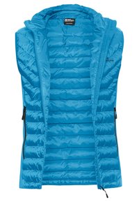 Gilet azzurro isolato con design trapuntato, chiusura frontale con zip, due tasche laterali con zip e cappuccio. Tessuto liscio e materiale leggero.