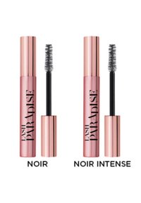 Deux tubes de mascara étiquetés « NOIR » et « NOIR INTENSE » avec des bouchons en or rose brillant et des brosses applicatrices noires, mettant en avant différentes teintes.
