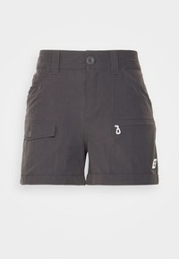 Dark gray cargo shorts made from lightweight fabric. Features two side pockets, one zippered pocket, and cuffed hem design.