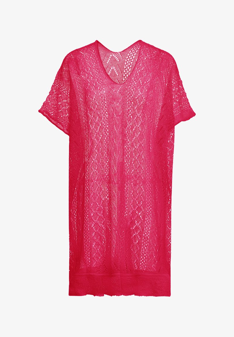 Tunique légère en tricot ajouré de couleur rose vif. Elle possède des manches courtes et une coupe ample et décontractée. Motifs décoratifs sur l'ensemble.