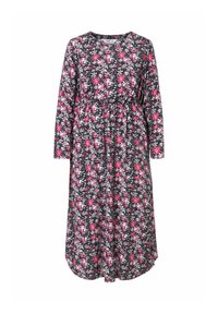 Langärmliges Kleid mit floralem Muster in Rosa, Weiß und Schwarz. Verfügt über einen elastischen Bund und einen Taillengürtel; A-Linien-Form; leichte Stoffqualität.