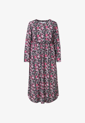 Langarm jurk met een bloemenpatroon in roze, wit en zwart. Kenmerkt een elastische taille en tailleband; A-lijn vorm; lichtgewicht stof.