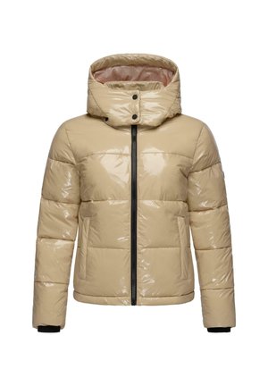 Beige puffer jack met een glanzende afwerking, ritssluiting aan de voorkant, een capuchon en met rits afgesloten zakken. Beschikt over contrasterende zwarte rits en binnenvoering.