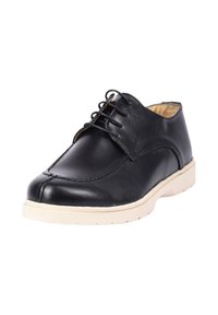 Scarpa da uomo in pelle nera con punta rotonda, design con lacci e suola in gomma bianca a contrasto. Texture liscia con dettagli di cucitura discreti.