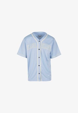 Helles blaues Baseball-Trikot aus glattem Material. Mit weißen Paspeln und "KARL KANI" in fetten Buchstaben auf der Brust gestickt, schwarze Knöpfe.