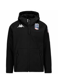 Giacca da sci nera con cappuccio, caratterizzata da una cerniera completa, due tasche laterali, logo Kappa sul petto e patch della U.S. Ski Team sul lato sinistro.