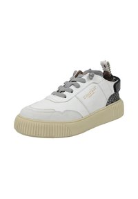 Sneaker bianco con accenti grigi, suola in gomma texturizzata, punta rotonda e linguetta sul tallone. Logo dorato del marchio sul lato.