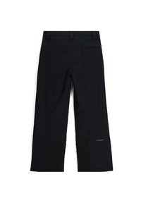 Pantaloni da sci neri con una texture liscia, dotati di una tasca posteriore, rinforzi sulle ginocchia e un logo sulla parte bassa della gamba.