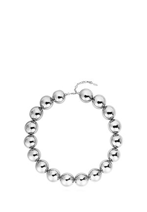 Silver-tone necklace with large polished spherical beads and an adjustable chain clasp on a white background.