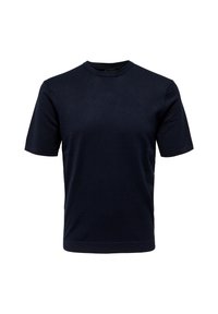 T-shirt blu navy a maniche corte realizzato in un tessuto morbido e elasticizzato. Presenta un collo rotondo e una texture a coste su tutta la superficie.