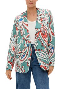 Gestreifter Blazer in Türkis, Rot und Weiß. Doppelreihig mit Reverskragen, ausgestattet mit abstrakten Blumen- und Paisleymustern. Glattes Material.