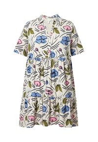Lyhythihainen mekko, jossa on kukkakuosi sinisistä ja vaaleanpunaisista kukista kermaisella taustalla, kauluskenttä ja kerrostettu helma.