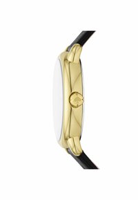 Guldtonad klocka med rund urtavla, klar glasruta och slank svart läderrem. Har en logotyp på kronan och polerade kanter.