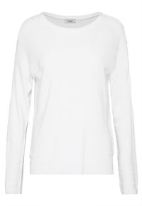 White long-sleeve sweater made of soft knit material, featuring a relaxed fit with ribbed accents at the cuffs and hem, and a scoop neckline.
