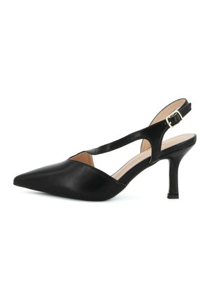 Scarpa slingback nera in pelle con punta a punta, tacco kitten di media altezza e cinturino regolabile con fibbia dorata.