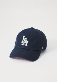 Navy blue baseball cap featuring an embroidered "LA" logo with floral accents at the front and a small logo on the side.