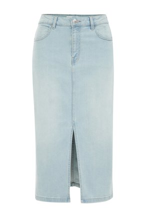 Light blue denim skirt with a straight cut, knee-length, featuring a front slit and traditional button closure with belt loops.