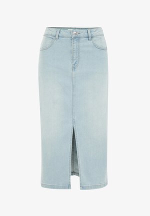 Svetlo modra denim krilo s ravnim krojem, do kolen, z zarezo spredaj in tradicionalnim gumbom za zapiranje ter zanke za pas.