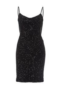 Abito nero di paillettes con spalline sottili, silhouette aderente, superficie testurizzata e fodera liscia. Presenta un scollo rotondo e lunghezza fino a metà coscia.