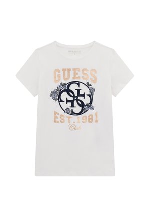 Biała bawełniana koszulka z krótkim rękawem z logo "GUESS" w kolorze złotym i niebieskim, zdobiona elementami florystycznymi oraz napisem "EST. 1981 Club".