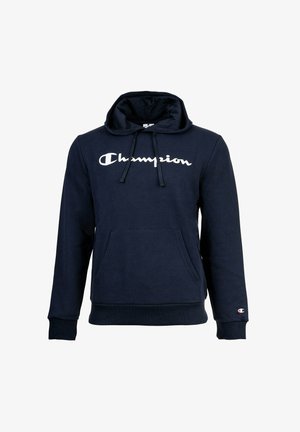 Dunkelblaue Kapuzenjacke aus Baumwollmischung, mit großem weißen "Champion"-Logo, frontaler Kängurutasche, Kordelzugkapuze und gerippten Bündchen.