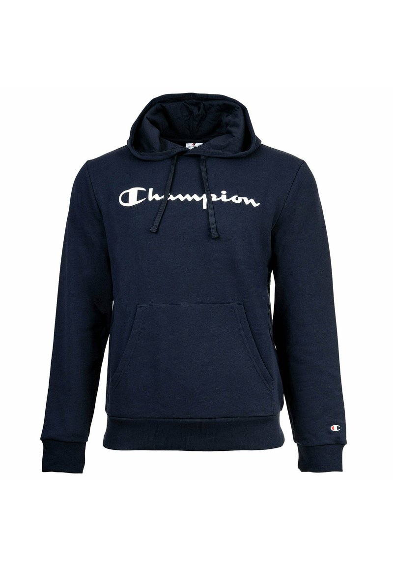 Dunkelblaue Kapuzenjacke aus Baumwollmischung, mit großem weißen "Champion"-Logo, frontaler Kängurutasche, Kordelzugkapuze und gerippten Bündchen.