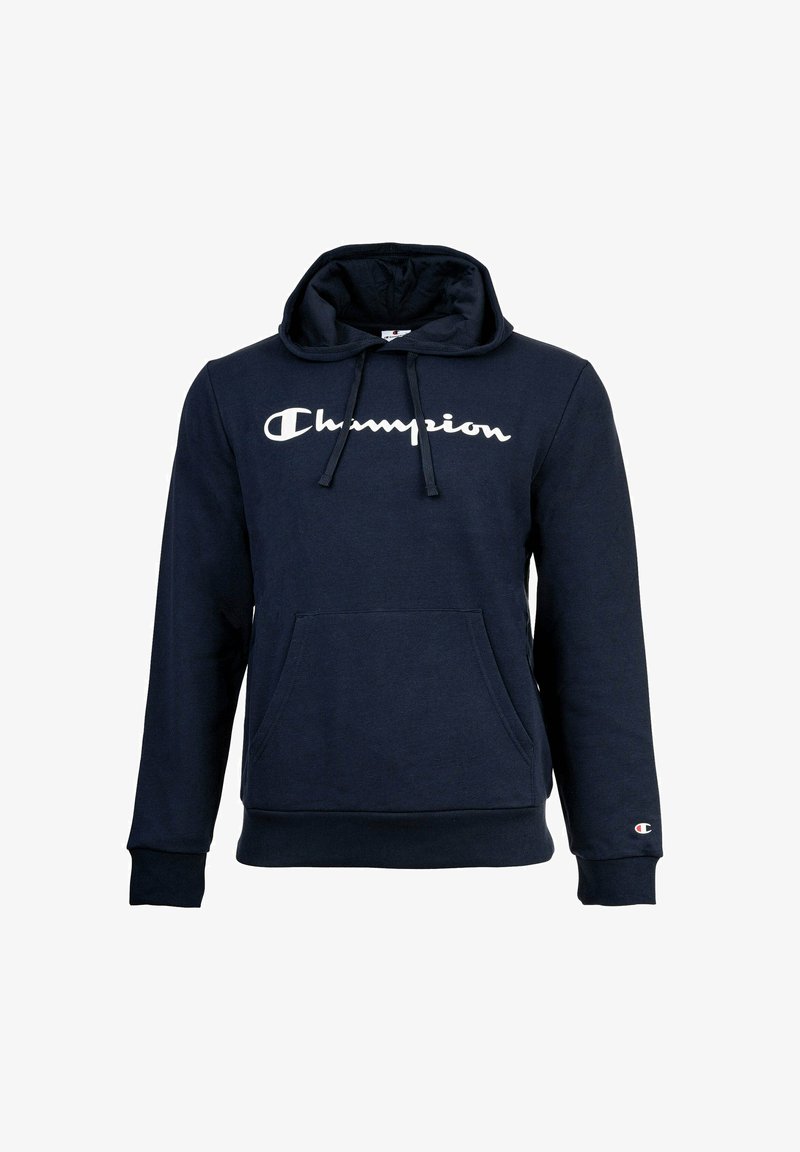 Felpa con cappuccio blu navy in misto cotone, presenta un grande logo bianco "Champion", tasca frontale a marsupio, cappuccio con cordino e polsi a coste.