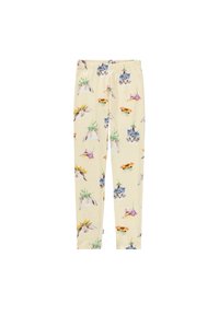 Laste beežid legginsid elastse vöökohtaga, kaunistatud lõbusate printidega jänestest ja kassidest, kes kannavad värvilisi lillemütse.