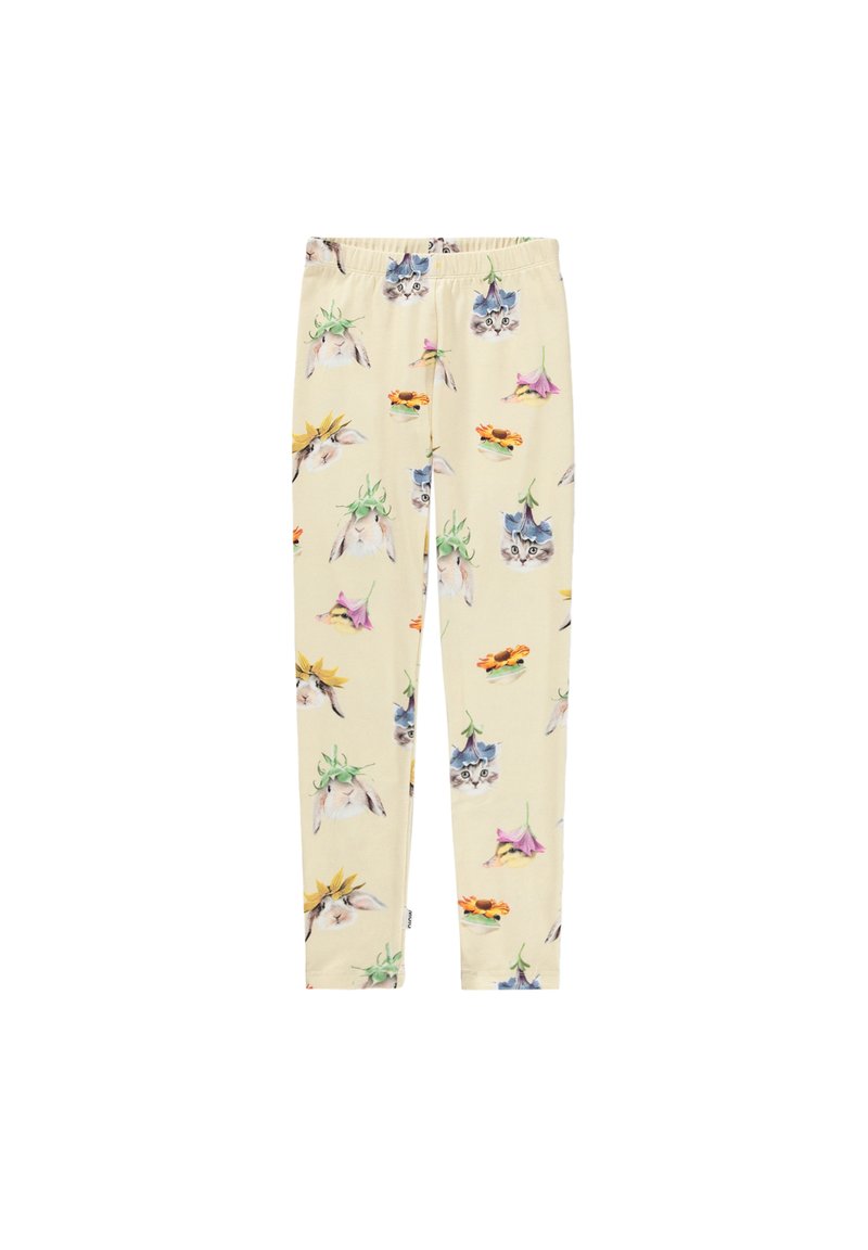 Laste beežid legginsid elastse vöökohtaga, kaunistatud lõbusate printidega jänestest ja kassidest, kes kannavad värvilisi lillemütse.