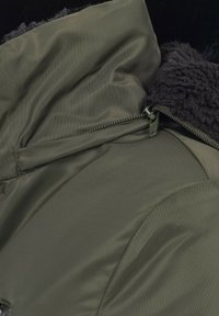 Olive green jacket with a smooth, shiny exterior and a textured dark fur lining. Features a zipper and a sleek silhouette.