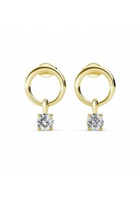 Orecchini a cerchio in oro con un motivo trasparente a forma di gemma rotonda pendente da un connettore in oro. Finitura liscia con un aspetto lucido.