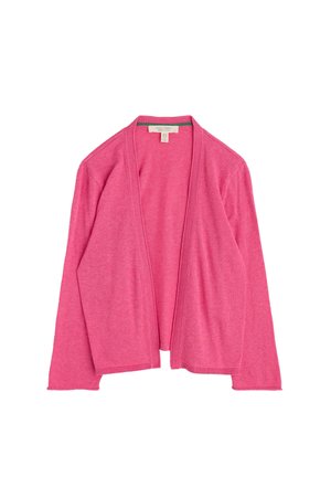 Pink, lightweight cardigan made of soft fabric. Open front design with wide sleeves and ribbed accents along the collar and hem.