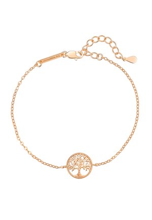 Zarter Armband aus Roségold mit verstellbarem Verschluss und rundem Lebensbaum-Anhänger in der Mitte.