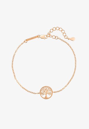Zarter Armband aus Roségold mit verstellbarem Verschluss und rundem Lebensbaum-Anhänger in der Mitte.