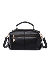 Borsa a tracolla nera in pelle con design strutturato, manico superiore, tracolla rimovibile, tasca frontale con zip e dettagli in metallo color oro.