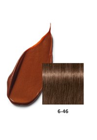Braune Haarfarbe mit einer glatten, glänzenden Textur. Die Überlagerung zeigt eine glatte Haarprobe in einem ähnlichen Farbton mit der Bezeichnung "6-46".