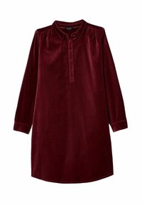 Robe longue en velours bordeaux avec patte de boutonnage, col et légers plis aux épaules, présentée sur fond blanc.