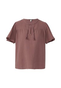 Lässiges, kurzärmliges Oberteil aus staubigem rosa Stoff mit strukturiertem Muster, das über einen runden Ausschnitt und ein Bindedetail vorne verfügt.