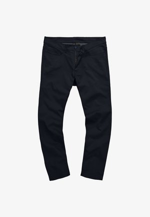 Pantaloni blu navy realizzati in tessuto liscio. Presentano due tasche frontali, una chiusura con zip e un bottone. Design a gamba dritta, dettagli minimi.
