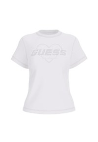 Witte t-shirt met korte mouwen, versierd met een hartontwerp van rhinestones en de tekst "GUESS Los Angeles". Vloeibaar katoenmateriaal.
