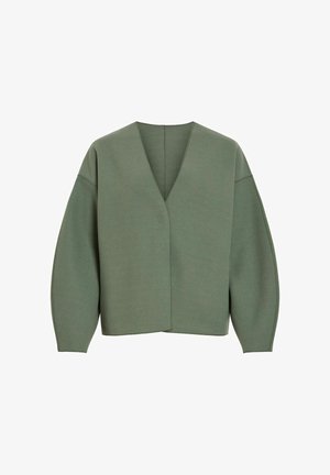 Olivzaļš džemperis ar dziļu V veida izgriezumu, nolaistām plecu līnijām un platiem piedurknēm. Mīksts audums ar gludu tekstūru un minimālām šuvēm.