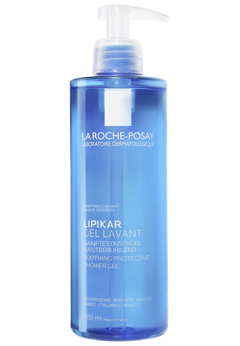 Clear plastic bottle of La Roche-Posay Lipikar Gel Lavant, 400 ml. Blue color with white text, pump dispenser, and label highlighting soothing properties.