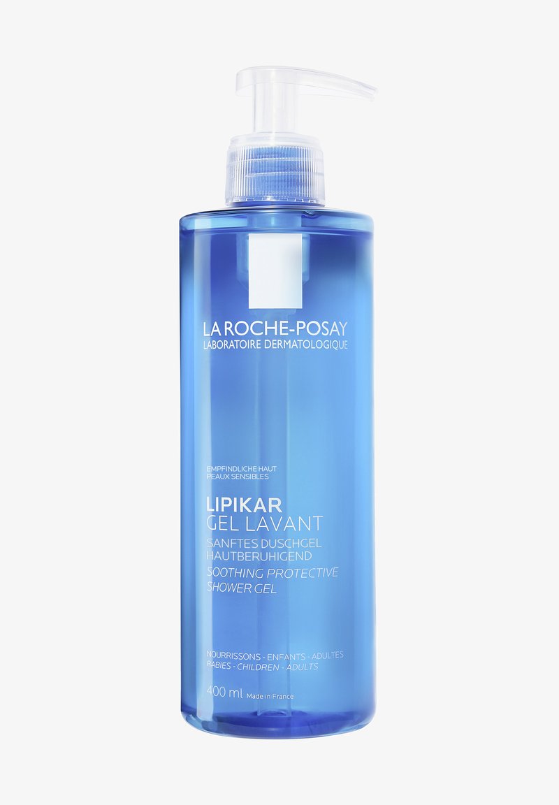 Clear plastic bottle of La Roche-Posay Lipikar Gel Lavant, 400 ml. Blue color with white text, pump dispenser, and label highlighting soothing properties.