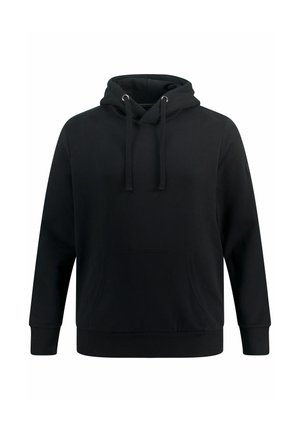 Sudadera negra con capucha, bolsillo frontal, cordón, puños de canalé y textura suave; fabricada con un material duradero de mezcla de algodón.